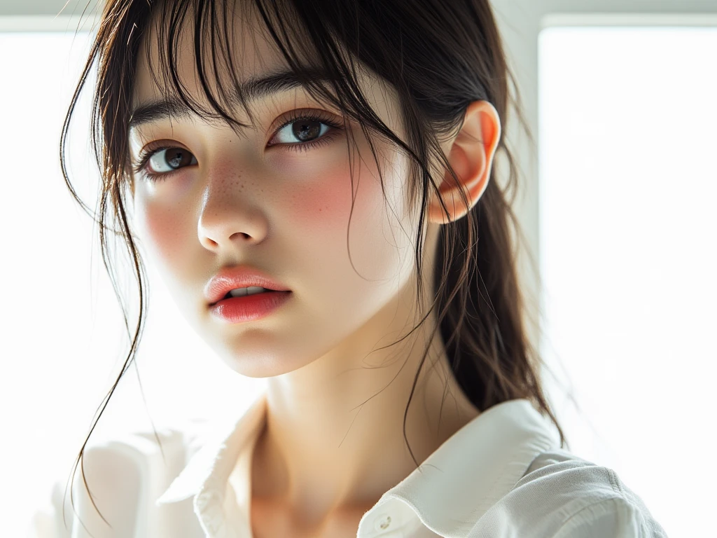 Sexy Woman, Very deep blush, Red nose tip, Long neck,Medium Chest, Visible Cracks,Warm lighting ,look up、Open your eyes、Clothing、uniform