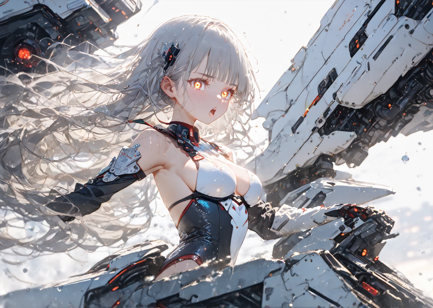 ((((Obra maestra, La mejor calidad, ultrahigh resolution)))), 1girl, standing, (cute maid costume), ((long pure silver hair and grey mesh hair, hair over eye)), long hair cut, pale skin, ((red eyes)), glowing_eyes, neon eyes, (ultra detailed eyes:0.7, beautiful and detailed face, detailed eyes:0.9), ((centered)), smile, ((wide shot)), facing viewer, ((vibrant background, bright lighting, summer, sunlight)), flat chested, looking at viewer, ((half closed eyes)), ((perfect hands)), (((head:1, arms, hips in view, elbows, arms, legs, in view))), ((hands behind back)), empty eyes, beautiful lighting, ((outside, outdoors)), defined subject, head tilt, (((gritty)), ((creepy)), ((cool)), ((beautiful)), (((SFW))),
