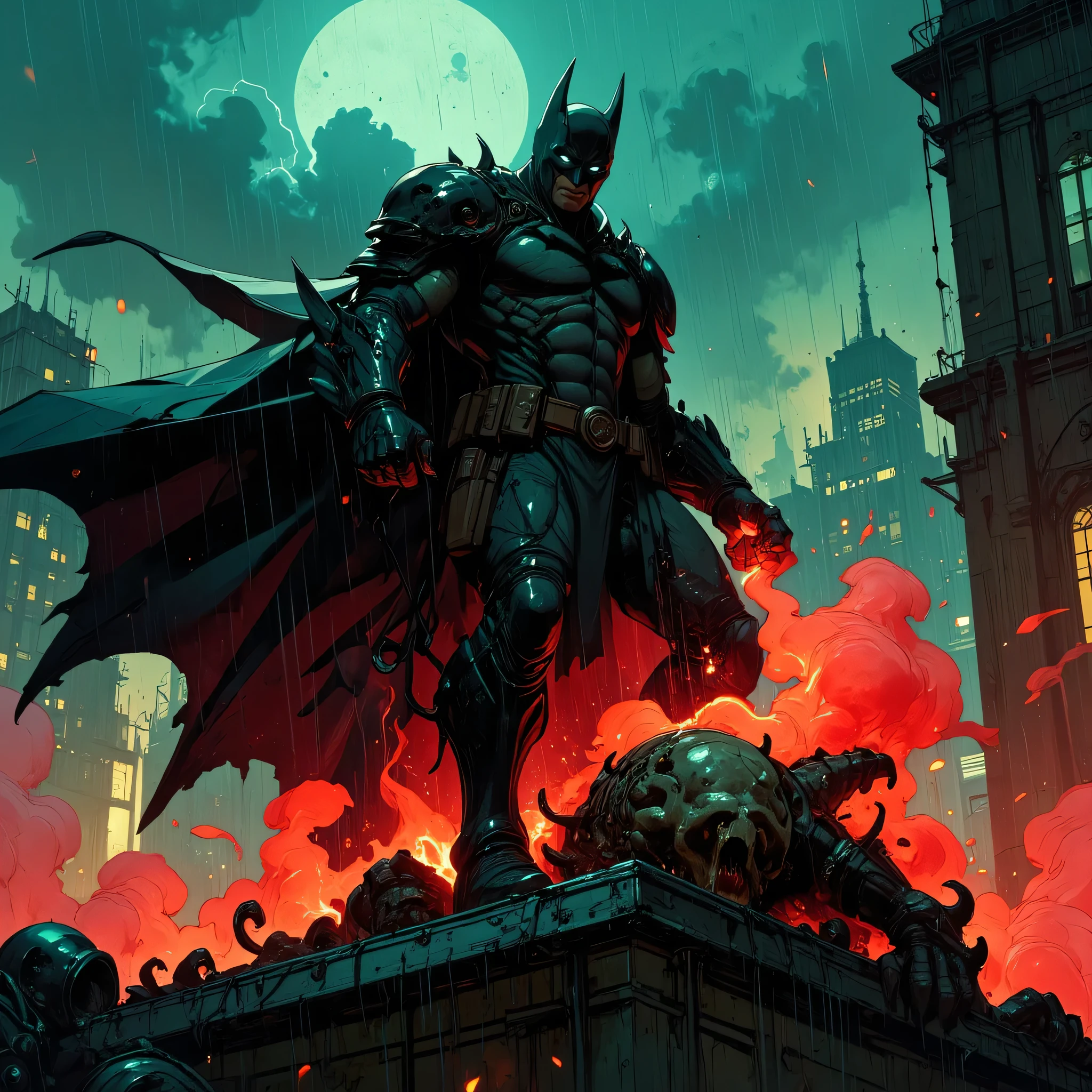 A highly detailed, dramatic digital illustration in dark comic book style, featuring a powerful, masked vigilante hero standing on a rooftop at night, bathed in rain and smoke. The hero wears an advanced, armored tactical suit with defined musculature, carbon-fiber textures, and reinforced gauntlets with sharp blades. A long, torn cape flows behind him like bat wings, spread open in a dynamic pose. His eyes glow faint white under a sculpted cowl, and he grips a grappling hook in one hand, ready to strike. Beneath his boot is a monstrous defeated creature, skull-like face snarling in pain, engulfed in glowing red smoke. The background reveals a dystopian city skyline, tall buildings in ruins, neon lights barely piercing the storm. Harsh red and teal lighting contrast dramatically, casting deep shadows and highlights across the hero’s armor and the scene. Stylized atmospheric rain and clouds swirl around the scene. The artwork should be composed with a vertical cinematic perspective, comic book lineart with painterly digital rendering, using chiaroscuro lighting, volumetric smoke, rain particles, and dynamic energy. Intense mood, heroic composition, epic and gritty. Concept art quality, inspired by DC Comics, Jim Lee, and Greg Capullo art styles.
--v 5 --style comic --ar 2:3 --quality ultra --lighting dramatic --details extreme --mood dark --color-grade teal and red