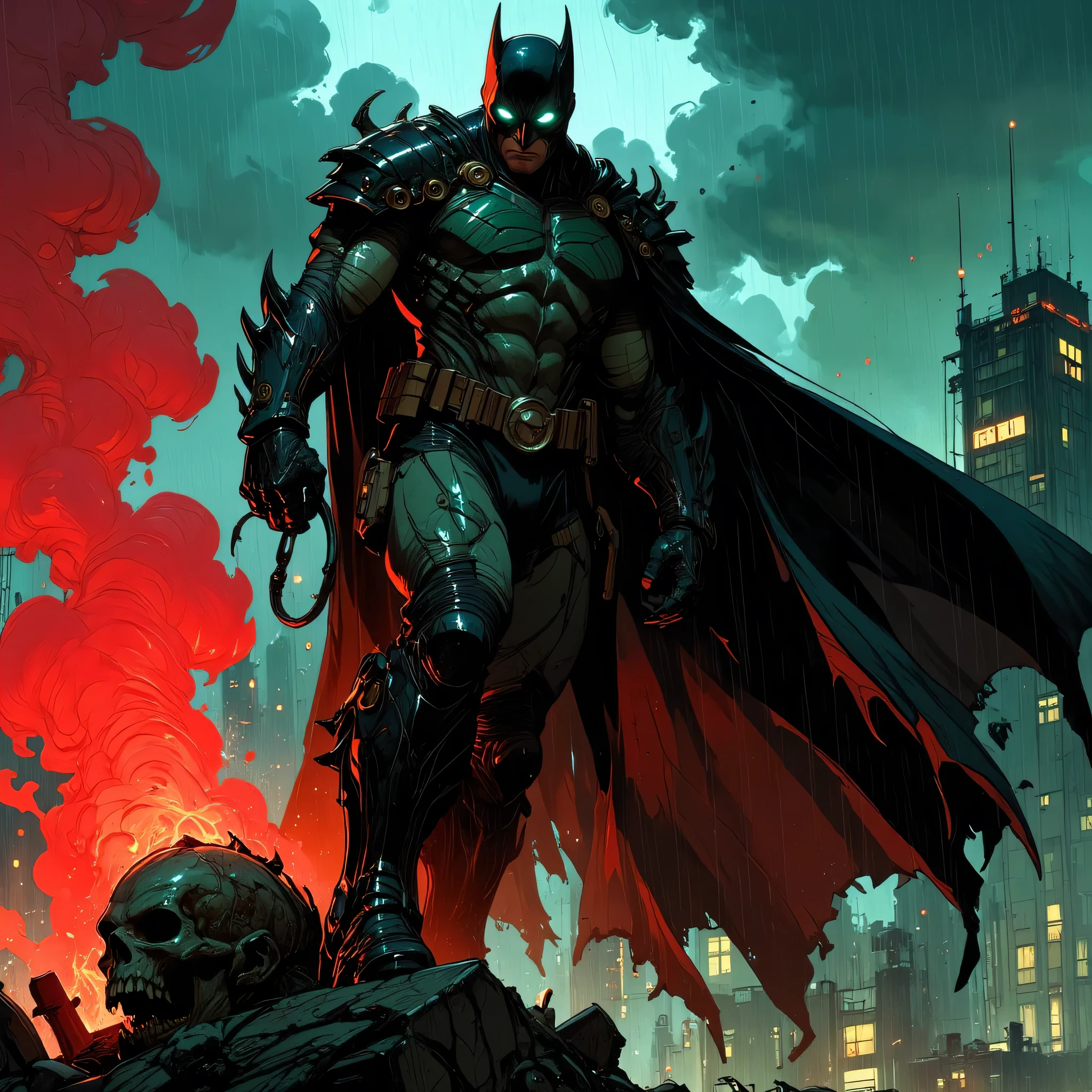 A highly detailed, dramatic digital illustration in dark comic book style, featuring a powerful, masked vigilante hero standing on a rooftop at night, bathed in rain and smoke. The hero wears an advanced, armored tactical suit with defined musculature, carbon-fiber textures, and reinforced gauntlets with sharp blades. A long, torn cape flows behind him like bat wings, spread open in a dynamic pose. His eyes glow faint white under a sculpted cowl, and he grips a grappling hook in one hand, ready to strike. Beneath his boot is a monstrous defeated creature, skull-like face snarling in pain, engulfed in glowing red smoke. The background reveals a dystopian city skyline, tall buildings in ruins, neon lights barely piercing the storm. Harsh red and teal lighting contrast dramatically, casting deep shadows and highlights across the hero’s armor and the scene. Stylized atmospheric rain and clouds swirl around the scene. The artwork should be composed with a vertical cinematic perspective, comic book lineart with painterly digital rendering, using chiaroscuro lighting, volumetric smoke, rain particles, and dynamic energy. Intense mood, heroic composition, epic and gritty. Concept art quality, inspired by DC Comics, Jim Lee, and Greg Capullo art styles.

--v 5 --style comic --ar 2:3 --quality ultra --lighting dramatic --details extreme --mood dark --color-grade teal and red