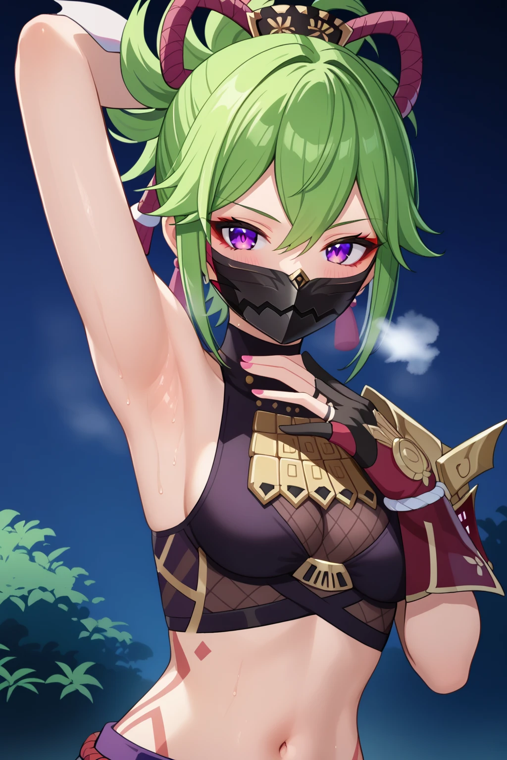 masterpiece, best quality, 1girl, tlalocstg1, black hair, blue hair, multicolored hair, bangs, black eyes, facepaint, facial mark, feathers, hair ornament, headdress, upperbody, solo, aztech pyramid, jungle background <lora:Tlaloc:1>