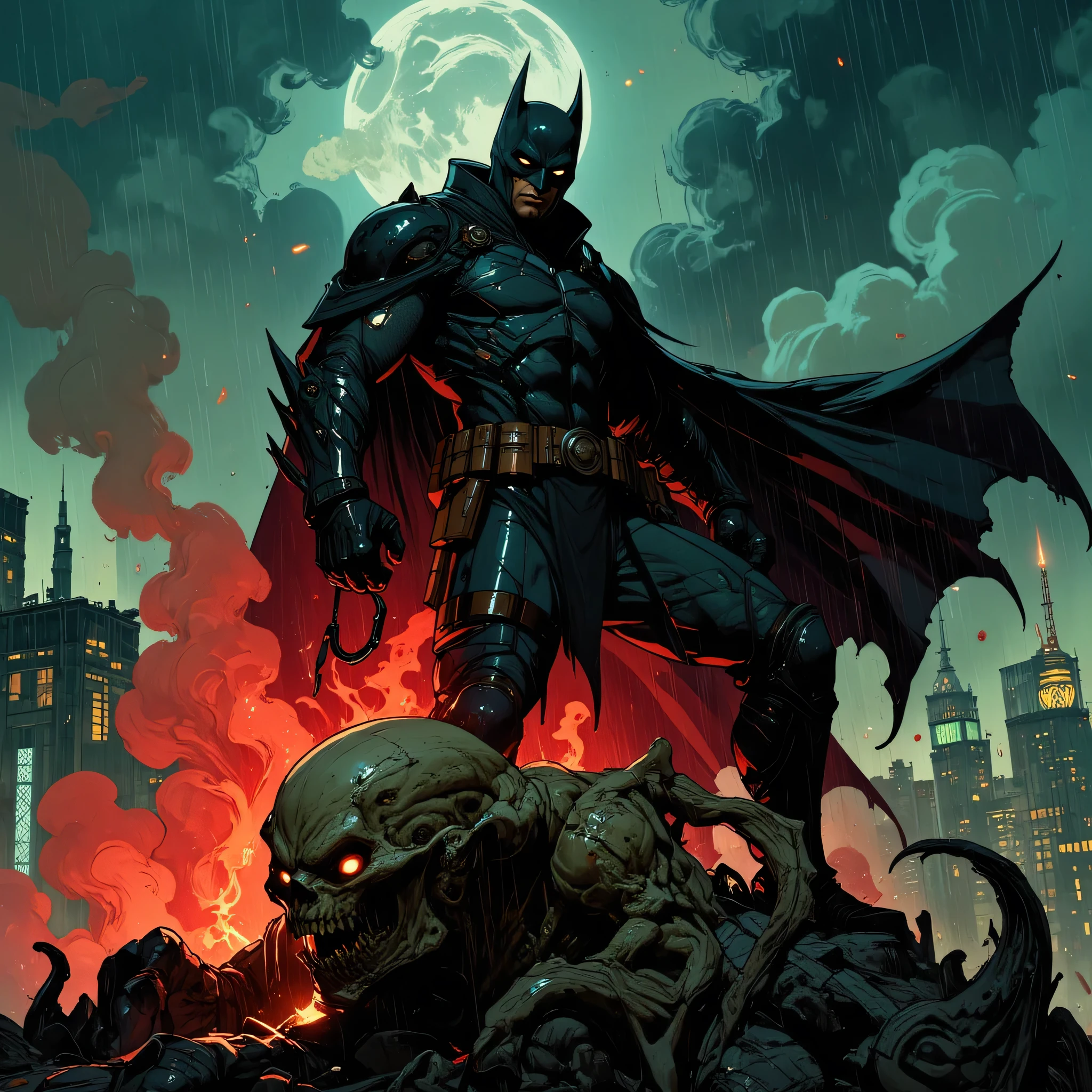 A highly detailed, dramatic digital illustration in dark comic book style, featuring a powerful, masked vigilante hero standing on a rooftop at night, bathed in rain and smoke. The hero wears an advanced, armored tactical suit with defined musculature, carbon-fiber textures, and reinforced gauntlets with sharp blades. A long, torn cape flows behind him like bat wings, spread open in a dynamic pose. His eyes glow faint white under a sculpted cowl, and he grips a grappling hook in one hand, ready to strike. Beneath his boot is a monstrous defeated creature, skull-like face snarling in pain, engulfed in glowing red smoke. The background reveals a dystopian city skyline, tall buildings in ruins, neon lights barely piercing the storm. Harsh red and teal lighting contrast dramatically, casting deep shadows and highlights across the hero’s armor and the scene. Stylized atmospheric rain and clouds swirl around the scene. The artwork should be composed with a vertical cinematic perspective, comic book lineart with painterly digital rendering, using chiaroscuro lighting, volumetric smoke, rain particles, and dynamic energy. Intense mood, heroic composition, epic and gritty. Concept art quality, inspired by DC Comics, Jim Lee, and Greg Capullo art styles.
--v 5 --style comic --ar 2:3 --quality ultra --lighting dramatic --details extreme --mood dark --color-grade teal and red