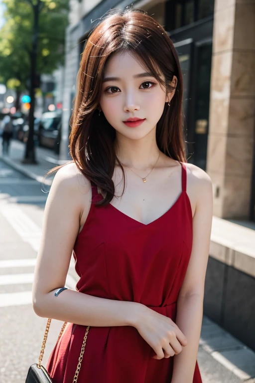 (photorealistic:1.8),(bokeh:0.3),((((film grain)))),(masterpiece:1.2),(highest quality:1.2),8k,raw photo,High-quality texture,detailed texture, Girl in thin low cut camisole and tight denim shorts poses for photo、full body、sexy dress、Slim body、(large breasts, cleavage, park,)、Slim Girl Model、24 year old female model、Beautiful body Highly detailed face Facing the front Navel out red dress Shabby dress Shabby string camisole Only the strings are too short camisoles dress that are too short genitals are visible Low-rise dress Scanty hot panties Show all your beautiful body