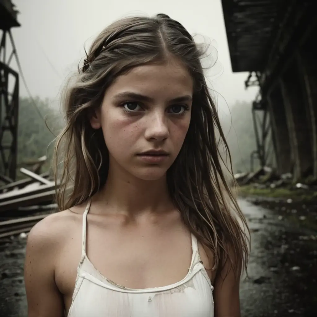 Extreme Close-Up, Fisheye Lens, (Sadie Wilkinson in a white bodysuit, tear-streaked cheeks, anguished expression), Stark Lightning, (sheltering under a tattered umbrella in a derelict alleyway, rain cascading), (8mm lens, Nikon Z7, haunting ambiance, trending on Pinterest), by Sally Mann and Francesca Woodman and Joel-Peter Witkin