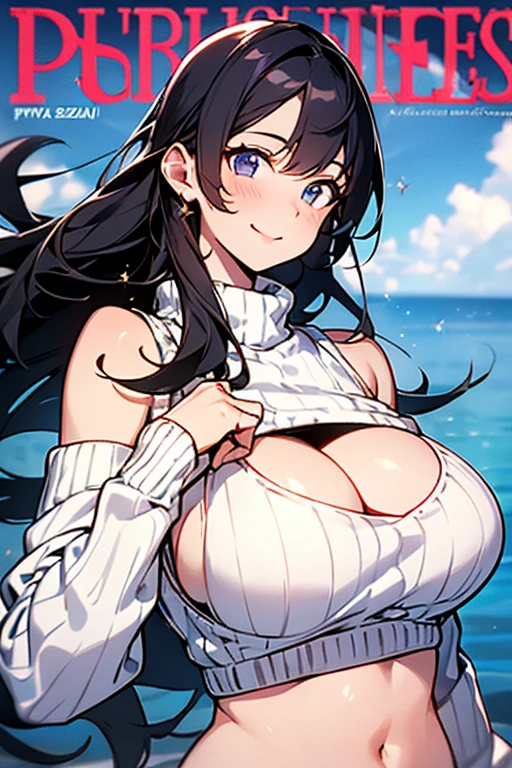 1girl, large breasts, thick thighs, wide hips, blush, blushing, wavy mouth, shy, timid, blue eyes, dark blue hair, black hair, black swimsuit, one-piece swimsuit, blue trim, light blue trim, from behind, bare legs, mature female, tall