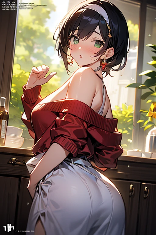 (dynamic angle:1.3, front view:1.1, breast focus:1.3, from below:1.2), (dynamic posing:1.5, sexy posing:1.3, leaning forward), (seductive smiling:1.3),masterpiece, 1girl, (pointed chest:1.3), cleavage:1.1,(double breasted:1.2,under bust:1.2), Amazing Cleavage:1.3, thin waist, cute ass, Raised sexy, (small breast: 1.4) posed cleavage:1.2、solo, looking at viewer, open mouth, have a grass of beergrass,black hair, blue eyes, bare shoulders, jewelry, collarbone, sidelocks, hairband, earrings, indoors, (red off shoulder sweater dress:1.3,skirts:1.2), arms behind back, short hair with long locks, blue white hairband, big side hair, very long side hair is rendered in (masterpiece: 1.2, best quality), with (ultra high resolution) and an exquisite (depth of field). This masterpiece is not only visually stunning but also tells, a scene of cooking in the kitchen