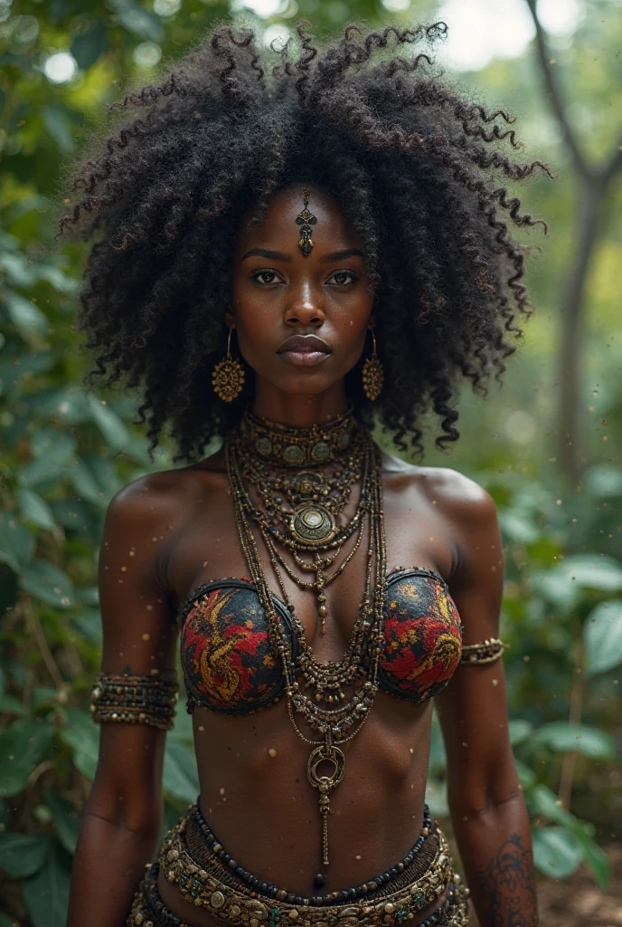 master part, melhor qualidade, ultra high-resolution, 1 africana de pele escura, (Arte Fractal:1.3), sombra profunda, tema escuro, totalmente vestido, colar, abandonado, cowboy shot, Seios colossais,
