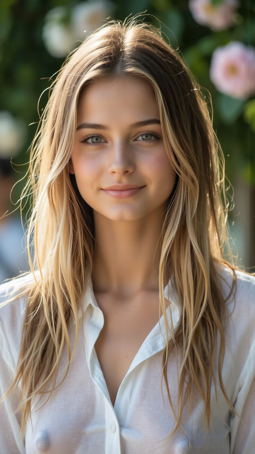 (best qualityer,realisitic),girly face,20 year,grey-eyed,long wavy golden blonde hair,moderately thick eyebrows,Sharp chin,tiny nose,heart shaped face,smooth and silky skin,fast luminosa,vibrant bright eyes,golden highlights in hair,captivating smile,natural beautiful,funny posture,gentle expression,dreamy atmosphere,soft natural lighting,Subtle blush on cheeks,Delicate facial features,elegant style outdoor night photo club style