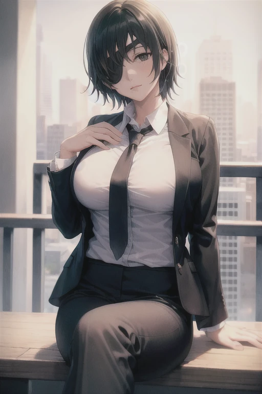 1 lady sitting (crossed legs), sexy ,office worker (elegant suit), mature woman, fubuki from One Punch Man, /(green fur/), blush kind smile, (Masterpiece Best Quality:1.2) ultra detailed delicate illustration, (Modern office interior), window cityscape, detailed background
