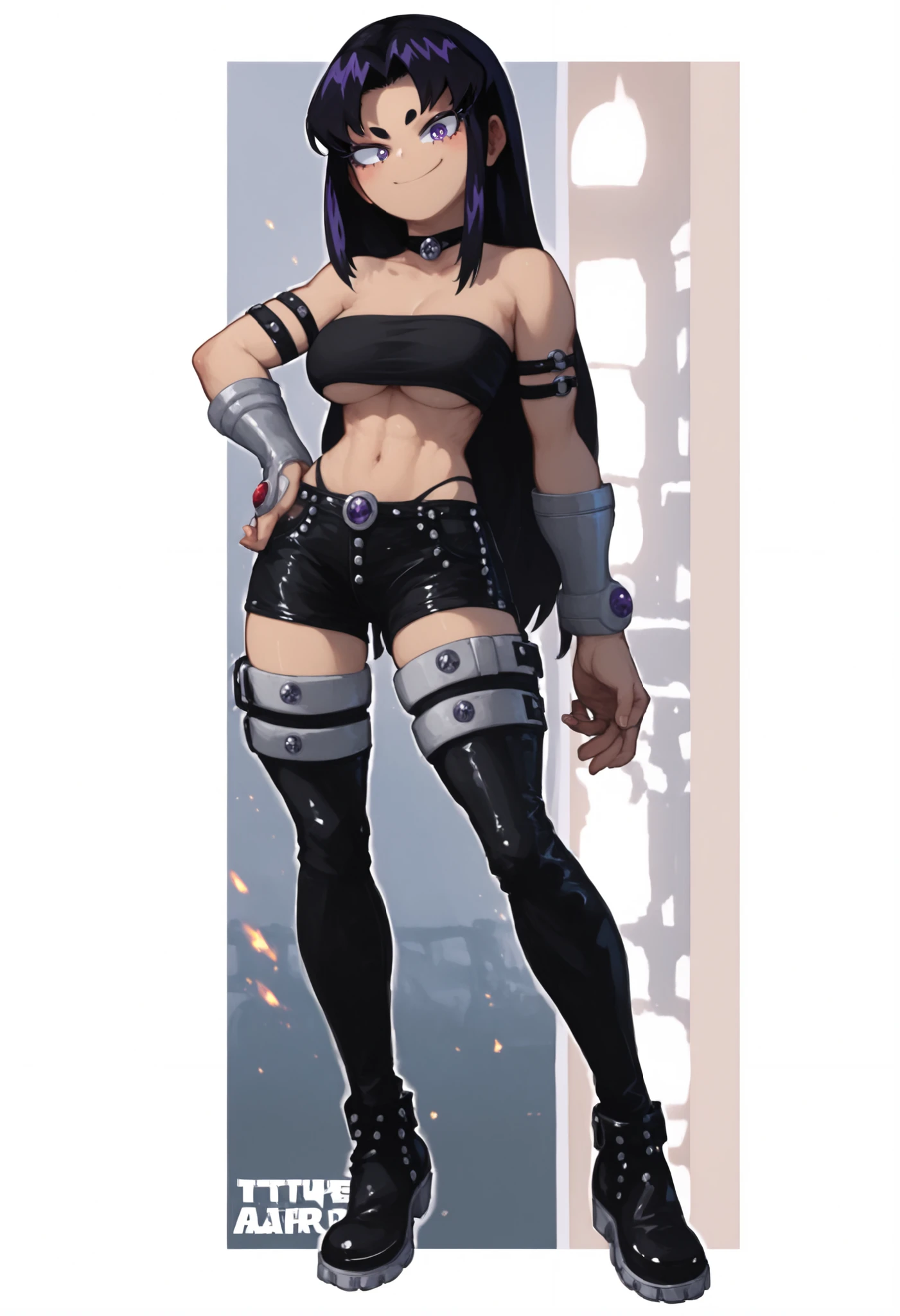 My Hero Academia style, anime Girl, female, trending on artstation pixiv, (full body shot:1.5), Blackfire, Teen Titans, wide hips, wide thighs, medium breast, Very long hair, black hair, straight hair, violet eyes, black underboob tube top, black tube top, underboob tube top, black underboob top, black top, tube top, underboob top, exposed abdomen, exposed navel, bare shoulders, black baggy backless pants, black backless pants, baggy backless pants, black baggy pants, black pants, baggy pants, backless pants, Black chaps, chaps, Black bikini bottom only, Black bikini bottom, Black bikini, bikini bottom, bikini bottom only, buttom only, Black ankle boots with toe, black ankle boots, ankle boots with toe, Perfect Anatomy, Super Detailed, perfect hands, hands on hips, joyful gaze, smug, Looking at viewer,
