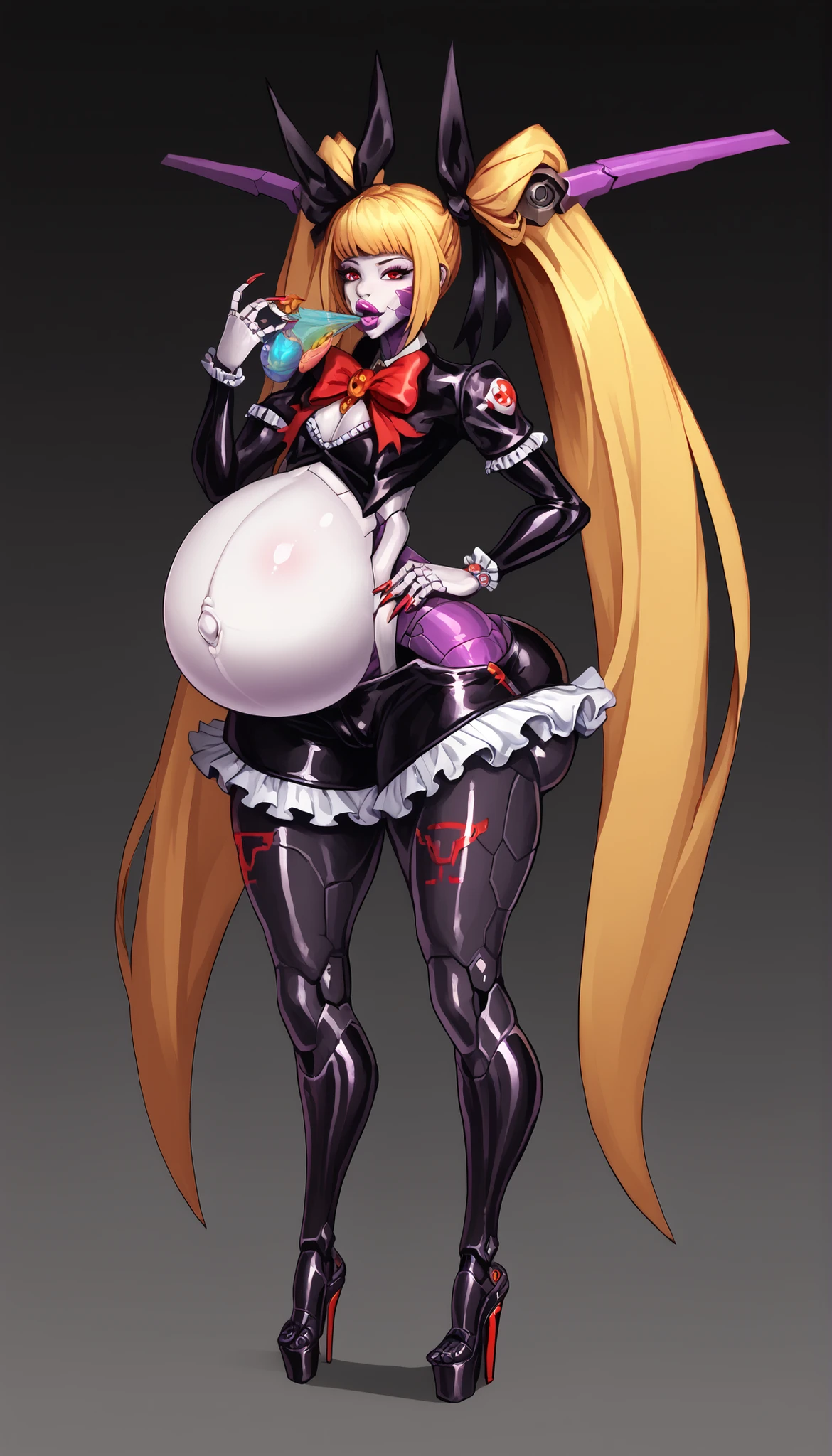 ((nsfw:1.0)), score_9, score_8_up, score_7_up, source_anime, 1girl, solo, (detail face), BREAK, Bimbo machina ta,machina corruption, transformation, machina, monster girl, mecha musume,necromorph_porgrant , rachel alucard,hanical body, sensual, big lips, bimbo lips, plump lips, high cheekbones implants, Chin Augmentation implant, mechanical blonde hair, long mechanical hair, mechanical twintails, red eyes, bow, hair ribbon, frills, very long hair, very long nails, gothic ta, y toes focused high heels, platform ballet high heels,sexy ballet high heels, cleavage,flat chest, white skin, robot arms, robot legs, robot ears, mechanical horns, plastic skin, shiny skin, robotic , shred abs, narrow wasp waist, hyper_preg,eggsacs , egg sacs , colossal belly, pregnant, Massive exceedingly extremely wide_hips, hyper wide ass, ass impants, fake ass, enormus buttocks impants, perfectly round butt, bubble butt, gigantic ass, sexy pose ,