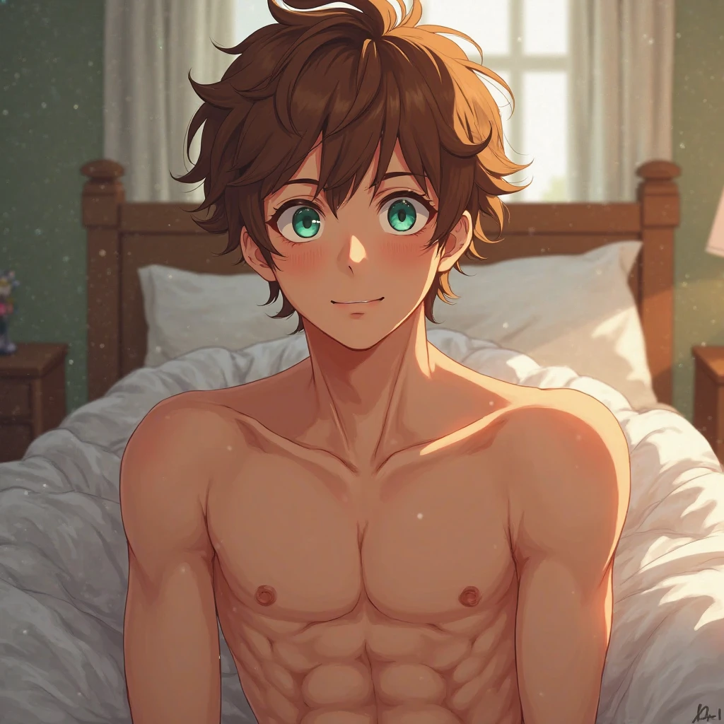 (masterpiece, best quality), 1boy,Lewdness,younge boy,???'s face,Juvenile faces,sideface,Lying naked in bed,Covered in sweat,adolable,infancy,Young age,Short round face,Flat chin,Fine face in detail,Colored briefs,musculous, Short bright orange hair, Sky blue eyes,opens his eyes wide, 复杂, full bodyesbian,nakeness,Lewdness,Teal briefs,Pectoralis abdominal muscles,vivd colour,(depth of fields:1.2),(abs),looking at viewert,Lie down in bed,spread their legs,Arms open,Large pink flowers,Flowers