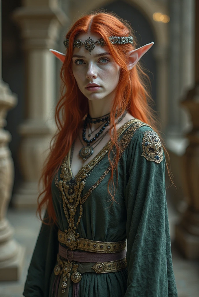 Masterpiece, Aesthetic artwork, Elf girl, elven features, high cheek bones, thin face, full lips, thin nose, realistic elf, aristocratic features, Ginger hair, red hair, shoulder length hair, wavy ginger hair, Pointed elf ears, elf ears, Big eyes, round eyes, realistic eyes, crystal blue eyes, bright blue eyes, body, runner’s body, thin, pale skin, imperfect skin, some small freckles, goosebumps, innocent, textured skin, skin pores (1.1), moles (0.8), A-cup, small breasts, chest, Long legs, small feet, Standing in a busy street, fantasy city, fantasy city street, medieval aesthetic, gloomy city, dark city, crowded street, merchants in background, fantasy pedestrians in background, Dressed in rags, dressed in a burlap sack, fully dressed, visible arms and legs, Extremely detailed (8k wallpaper), high quality, film grain, Fujifilm XT3 sharp focus, f 5.6, 50mm, High Detail, Sharp focus, (outdoor light), crazy details, complex details, hyperdetailed, strong lighting with shadows, hard and soft shadows