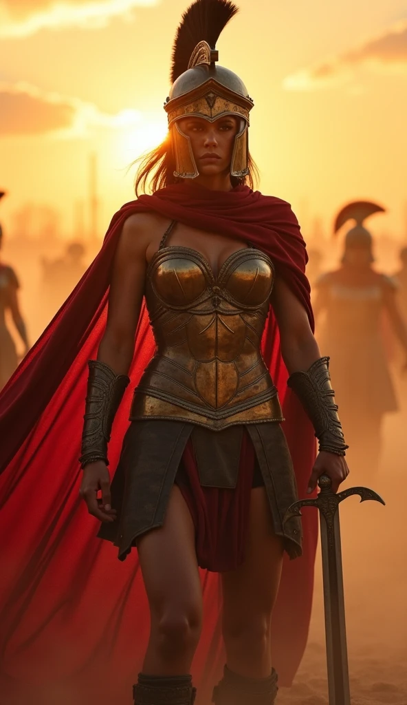 an ultra hot gorgeous 23-year-old Spartan warrior stands her ground in a Greek city engulfed in flames and pillage.cleavage.masterpiece