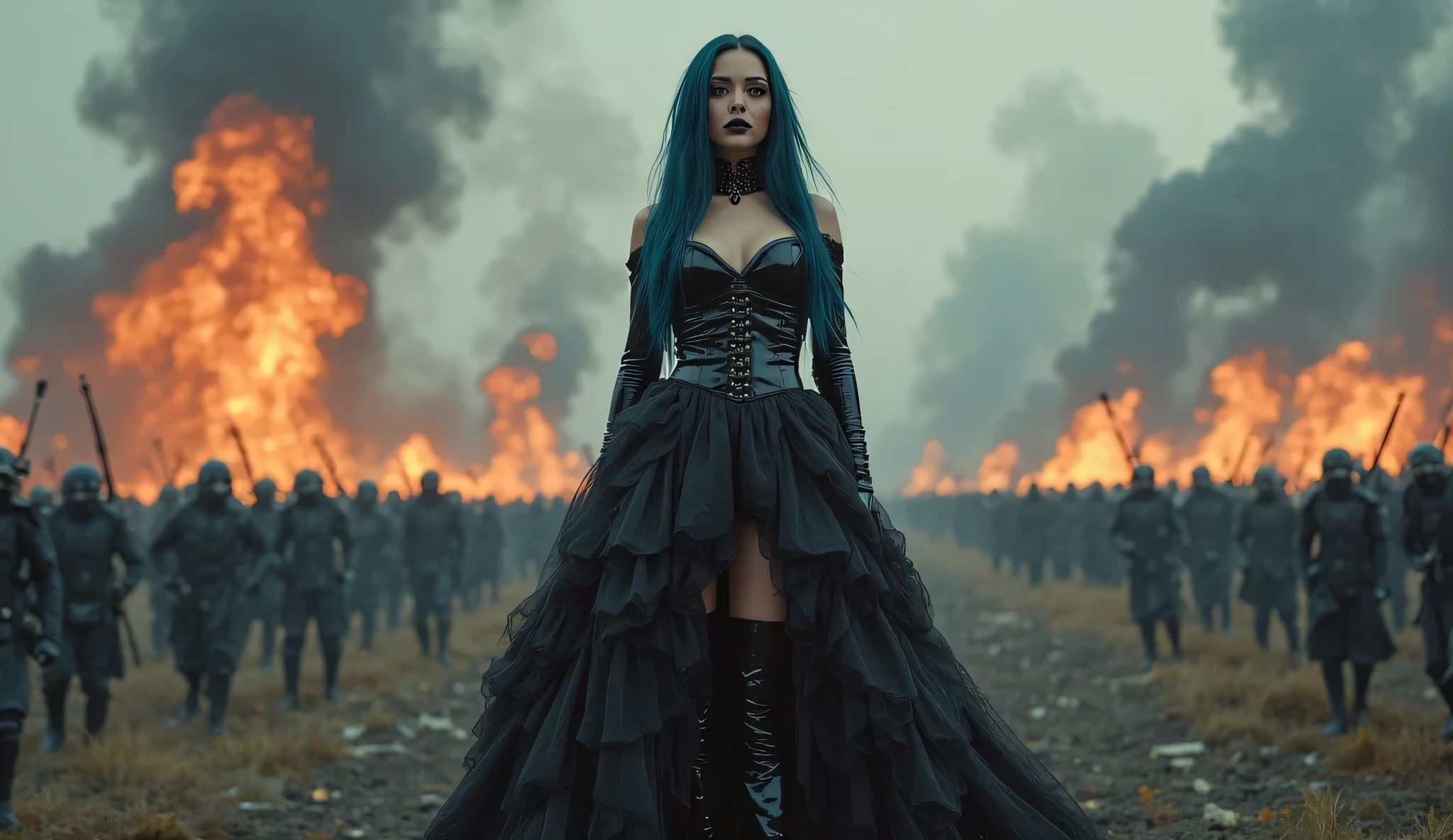 a photo of a sea witch, Long green hair, evil, villain, she is coming to you, up close, dark ocean,( underwater:1.1), lightning strike, glare eyes, wearing a dress made of seaweed, Tentacles, octopus, (up close:1.3)