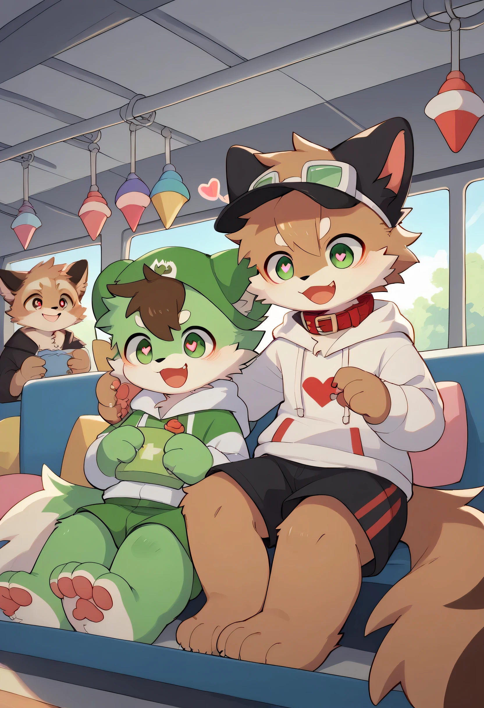 very detailedな, very detailed, brown fur gray h air, Two gray furry animals, Brown Hair,, male,骨を見てExcited, Heart Eyes, participate, green whit e and colored hat, cute face, Sitting!, Red collar, black ears, fluffy fur like one, Excited, Horny bo y, Beautiful room, Smiling face, Dropped ears, rid es a train,sit, my mental age is,Want, black sho rte green and white hoodie
