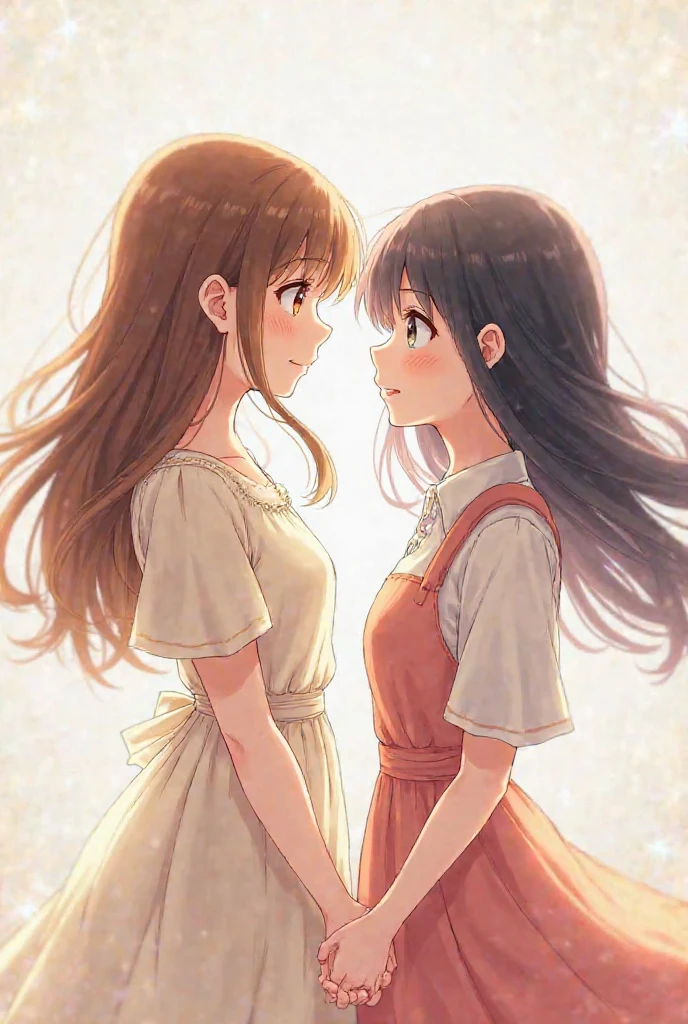 Twin sisters with different hair styles blush and stare at each other smiling.
