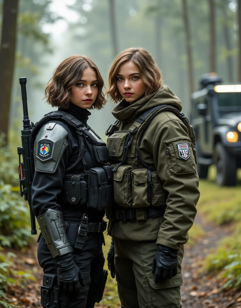 Two uniformed women holding guns and looking into the camera, s de infantaria naval inspirada em Margot Robbie e Karen Gillan, ainda de um filme live action, Directed by: Fernando Gerassi, 8 k filme ainda, ainda do filme, Filmado do filme, olhar intenso, captura de tela de um filme, medium shot of two characters, Soldados, 4k ainda, filme ainda do filme