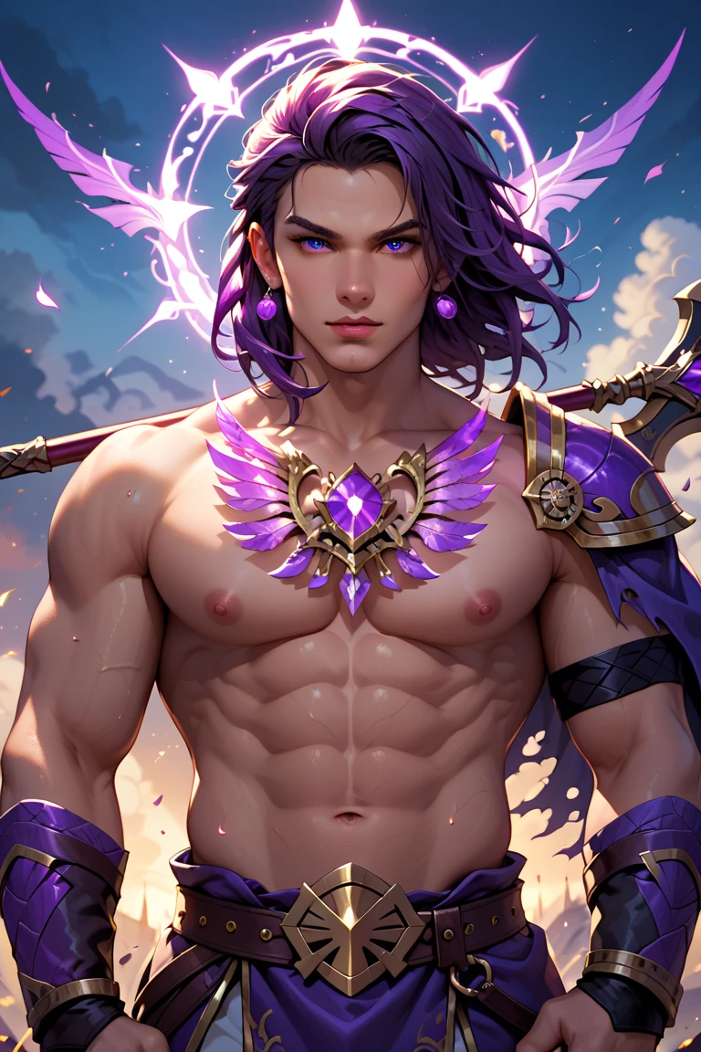 8K、Alafed Men、White and purple costume,Golden decoration、Big sword armament、Super handsome、Red around the eyes,Purple and white mohawk cutting、Eyes glowing purple、unrealengine、Joseph Joestar、trending on artstationh、Diobrand、highly detailed exquisite fanart、3 d render character art 8 k、Highly detailed artgerm、Muscular male hero with a slender body、handsome guy in demon slayer art、Range Murata and Artgerm