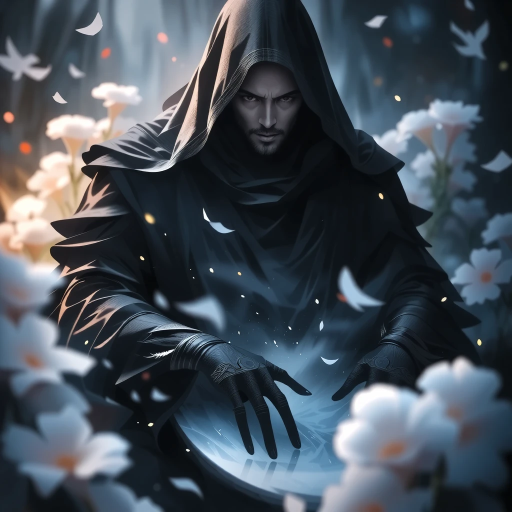 ((best quality)) , ((masterpiece)) , (detailed),A card game character with a black cape and silver mask is doing magic in the air, surrounded by blue light and golden cards flying around him. He has dark long hair on his head in a fantasy style. The background of an illustration shows swirling magical energy. The words "Blue ATM" appear above the character's chest, giving it importance as if part of their identity or title. In front, there is a big text written "ATM" in a simple style.,((Horror-themed , Eerie, unsettling, dark, spooky, suspenseful, grim, highly detailed))