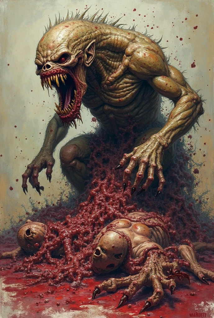 Draw a Demonic creatures with a strong, Bloody face and bloody head, Giant Dragon，背中にはGiant Dragonの翼が生えている，Huge body，Huge tail with bone spurs，Sci-fi horror art, Sci-fi horror art, Inspired by Alexis Briclot, Fangs of Carnage, Horror fantasy art, Alexis Bricklot（Alexis Bricklot）, Horror concept art, poison, Fantasy and Horror Art, 4K Horror Detailed Illustration, Demonic creatures, Dark fantasy horror art