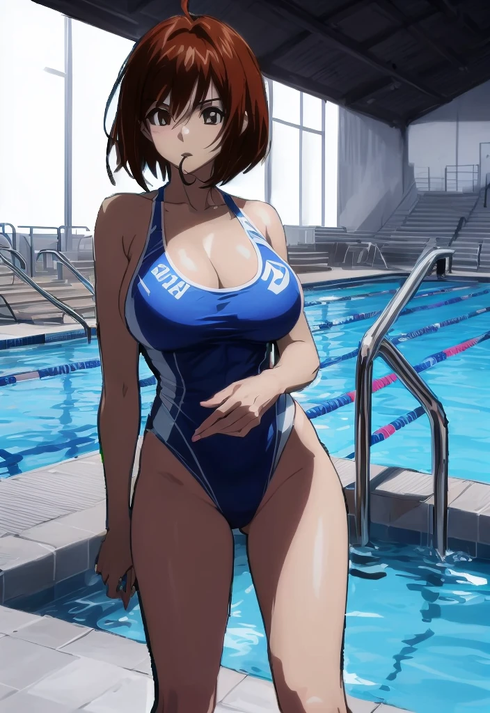 masterpiece, best quality, 8k, anime art style, Kirasaka Sayaka, Dark brown hair, ponytail, hair ribbon, (highleg swimsuit, pool,blush), dynamic angle, looking at the viewer, green eyes, light in the eyes, (big breasts: 0.7),(nipples visible through clothes:0.7), cowboy shot