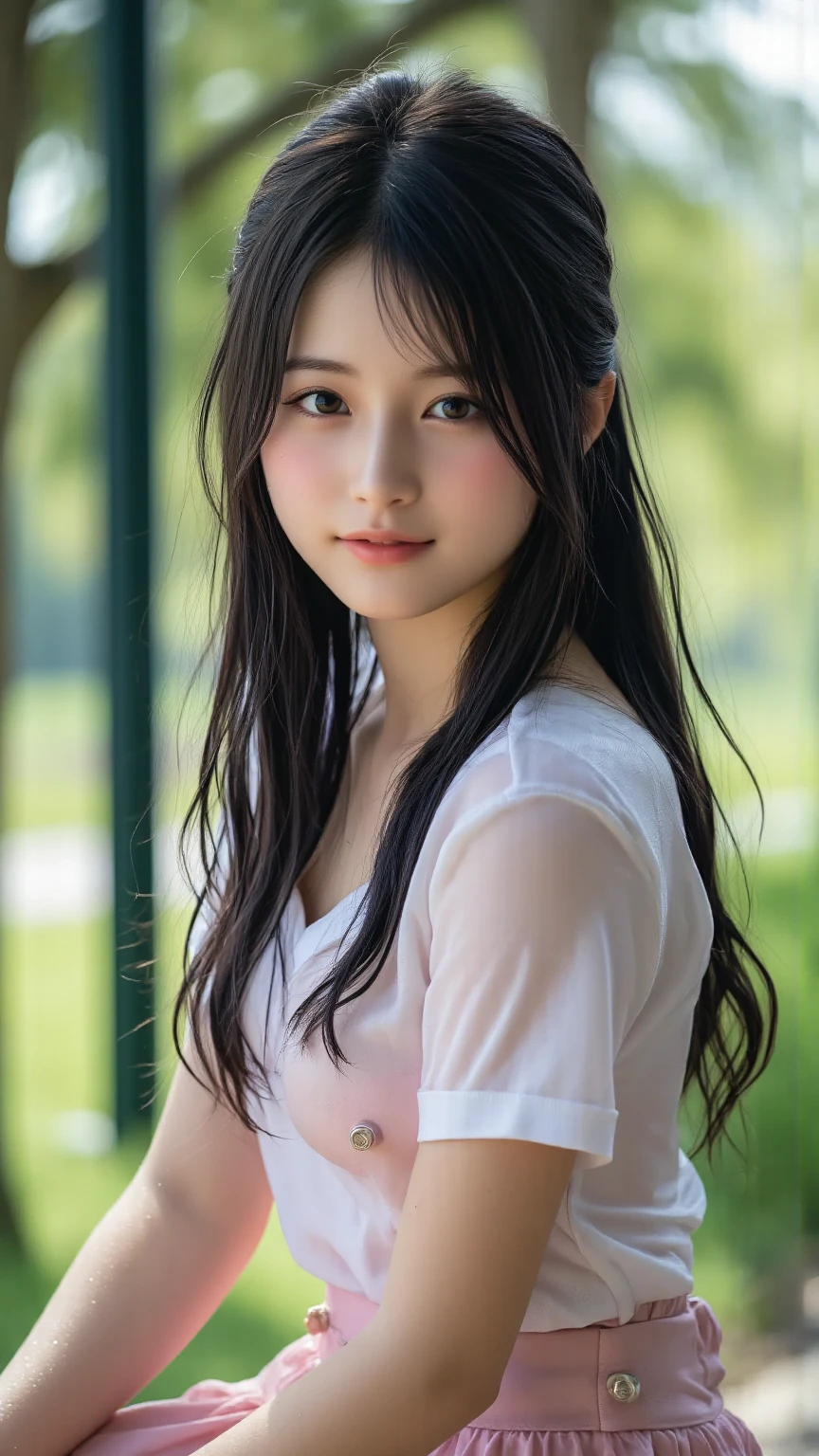 (Highest quality、、32k、masterpiece、Best Quality、Realistic))、Small breasts、Summer clothes、clear、Selfie、Long Black Hair、Short bangs、Idol、skirt