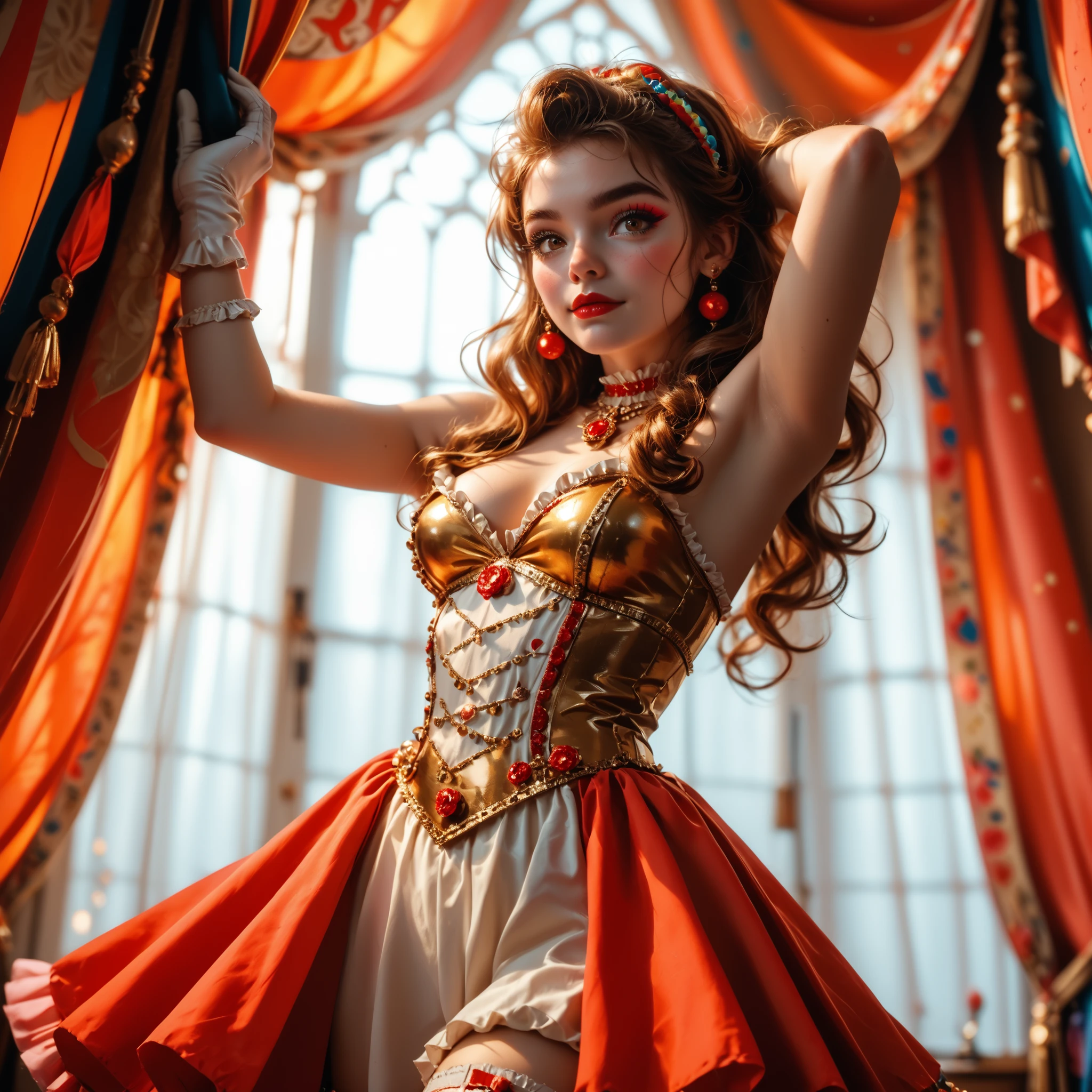 A photo was taken from the camera angle below of a woman wearing a colorful circus costume, posing confidently with her hands behind her head. The image also shows a circus tent with red and white striped curtains and stage lights. In the center of the image, a woman who looks like a young adult is standing with her whole body visible and looking at the audience with a confident expression. She has long brown hair tied with a large red ribbon, brown eyes and a small nose. Her body is slim and curved, with large breasts and a prominent waist. She is wearing a revealing red and gold outfit, wearing white gloves and thigh-high stockings with gold accents. Her hair is styled with long hair with ribbons and she is wearing earrings. The lighting is dramatic, and the shadows and dramatic shadows and highlights are on her body.