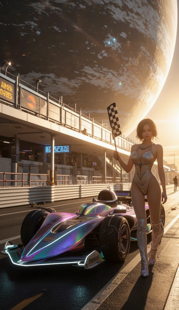 (((low angle shot))), ((1 woman staring at camera in a one piece ultra thin translucent bikini with gorgeous muscular long legs)), ((white gold orange black)), prismatic, reflective, ((ultra perfect flowing hairstyle)), (((huge natural breasts))), ((perfect radiant skin color)), ((super colourful)), (((cinematic sunset gorgeous skies))), (((detailed spaceship background and incredibly sci-fi retro art masterpiece))), (((1:1 scale proportions))), ((science fiction)), ((chrome spaceships)), (((ultra photorealistic realism))), ((Smooth curves, clean lines, streamlined, functional aesthetics, reflective surfaces, integrated lighting, giant floating spaceships, engraved Egyptian and spiritual motifs)), ((acrylic plastic motorcycle))