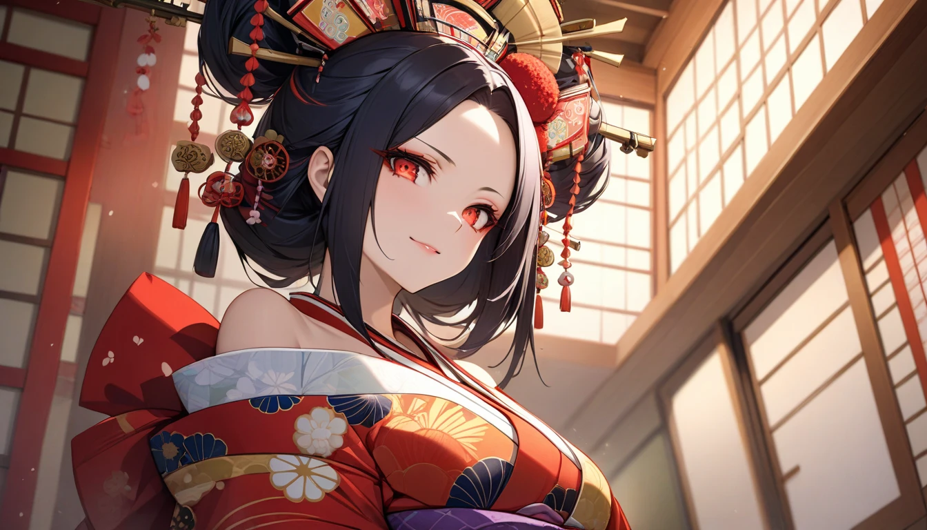 (Fox Girl, Fox Ears, Black colored hair, Fox Makeup, One Girl, Long Hair:1.2), (kimono, Kimono with open chest, A beautiful kimono with red and black patterns, I can see her cleavage, Open chest, Exposed skin:1.8), (Body size is 100-70-90!, Nice body, Big Breasts, Soft breasts, Emphasize cleavage, Thighs are slightly visible, Muscular, Abdominal muscles, Grab your own chest:1.4), Avatar, face, lewd face, Dominant representation, naughty face, Uplifting, Skin Texture, outside, Grassy field