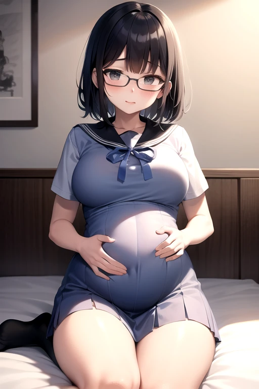 femme,Single ponytail at side,pregnant woman、Rinzuki、huge tit、very Bigger breasts、crisp、Black-brown hair,There is a mole under the left eye,Big breasts,Full height,Wearing a blue and white sailor suit,Black super short pleated skirt,Room Bed,masturbation,And the shape of the female genital organs is clearly visible,There is a deep lip print on the panties,not wearing bra,Clothes are soaked,Sweat,orgasm,Desire for dissatisfaction,Sperm outflow,Bare legged