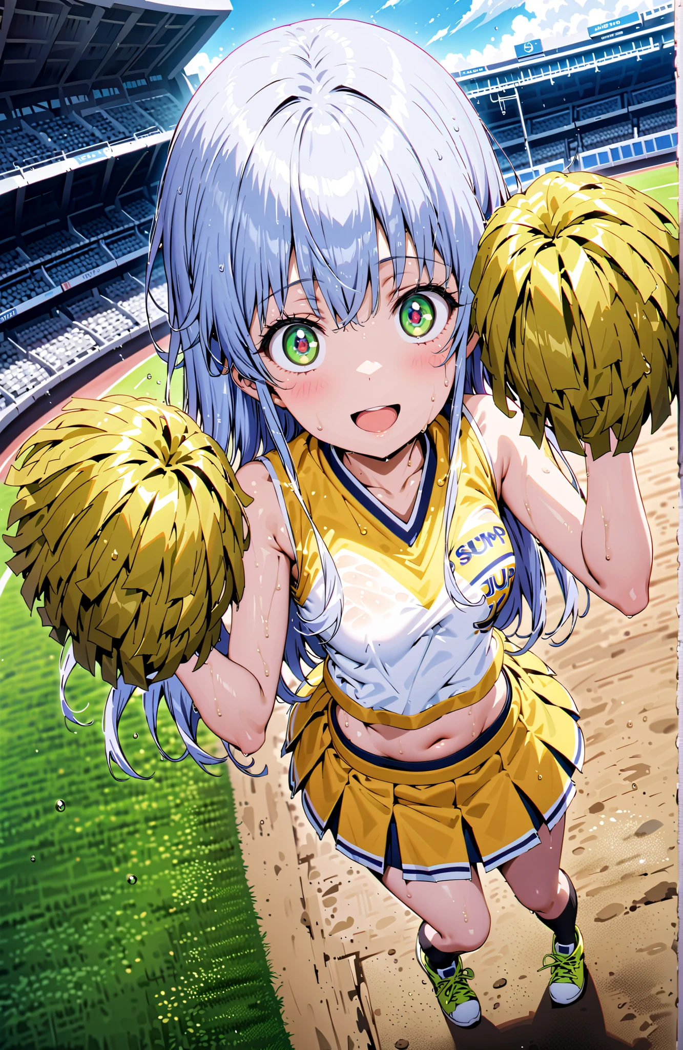 score_9, score_8_up, score_7_up, source_anime,Prohibited bibliography, green eyes, blue hair, long hair,smile,cover,open your mouth, (Cheerleading), (full body), on chest, (I sweated), I sweated Wet Clothes, (white clothes),sleeveless, pleated skirt,black socks,sneakers with a ladyback letter,belly button stick, playground, (jump), (jump), 片足を曲げてjumpする, , blue sky, Compa, smile,cheerleader, Pom-pom \(Cheerleading\) real hair ornaments,angles from below,Customer,full bodyがillustrationsに入るように,break outdoors,stadium,
break looking at viewer,full body,
break (masterpiece:1.2), Best Quality, high resolution, Unity 8k 壁紙, (illustrations:0.8), (beautiful detailed eyes:1.6), very detailed face, perfect lighting on the table, Extremely Detailed CG, (perfect hand, perfect anatomy),