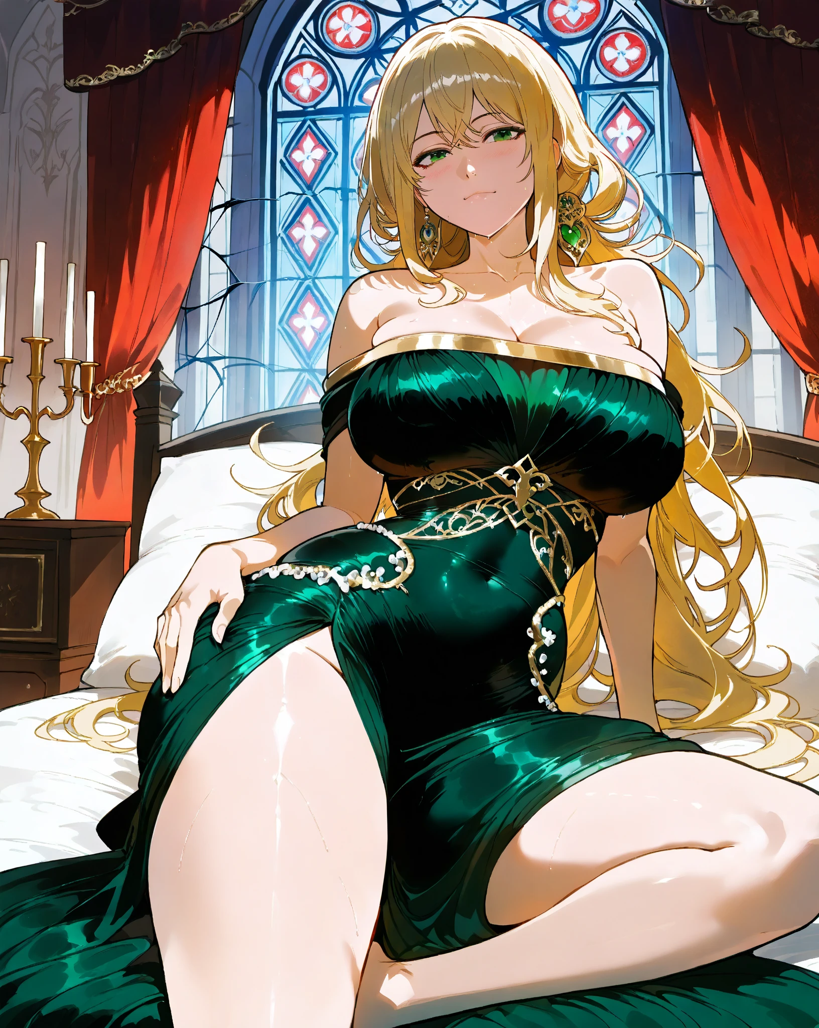 ((best quality)) ((masterpiece)) 1womam, huge_breasts, solo, long_hair, green_eyes, blonde_hair, freckles, massive_breasts, wide hips, cleavage, freckles_on_breast, gold_trim, very_long_hair, armlet, blush, jewelry, bangs, collarbone, wearing_regal_pajamas, white_pajamas, royal_pajamas, goddess pajamas, sitting_in_bed, gold_bedroom,
