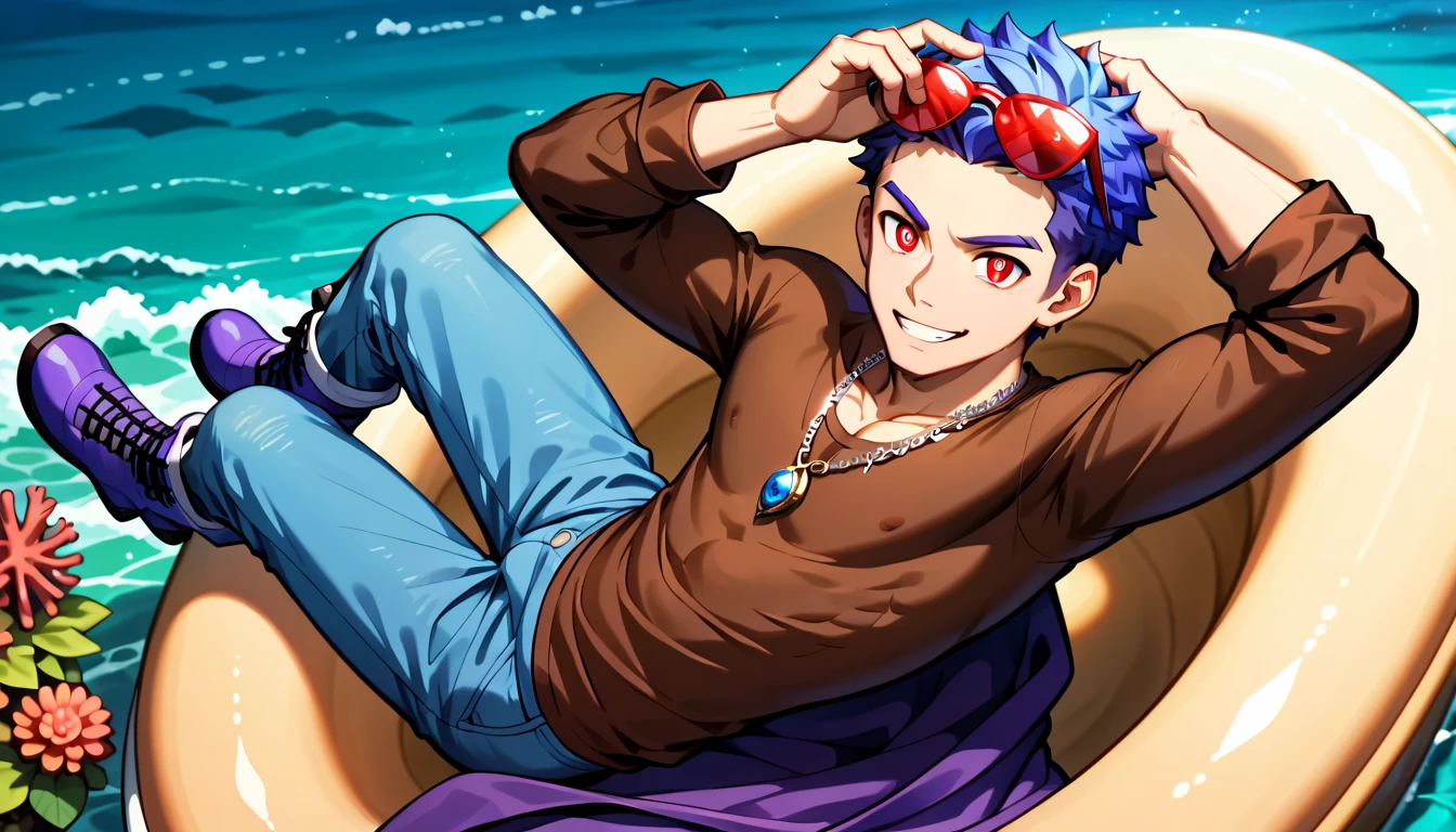 masterpiece, best quality, solo, 1boy, looking at viewer, smile, <lora:Shez-M_Fp:1>, shezsum, cape, swimsuit, eyewear on head, fingerless gloves, necklace, beach, hair over one eye, hand on own head, surfboard,