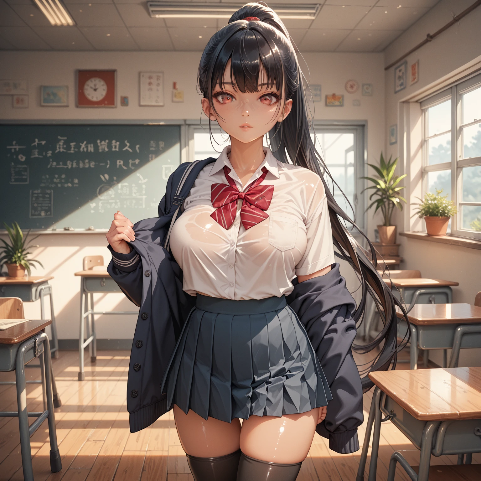 1Woman, Long hair, pony tail, parted lips, blusher, makeup, Annoying, bellybutton, underbreasts, school uniform, Classroom, school bag, light beams, Glow, thights, 鎖骨, Narrow waist, (Masterpiece), wallpapers,