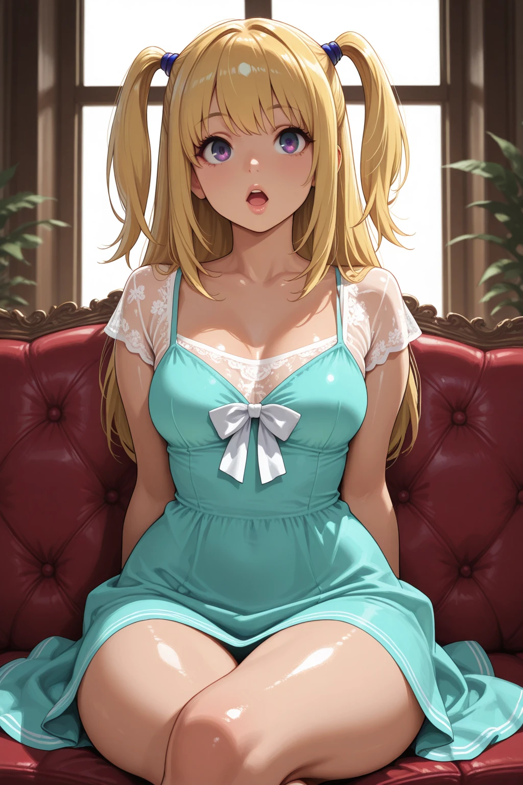 masterpiece,amazing quality,best quality,ultra-detailed,8K,illustration,CG,shiny hair,clear skin,ultra-detailed-eyes,simple background, amane misa, 1girl, blonde hair, blue eyes, bangs, long hair, two side up, wide hips, purple eyes, lips, blonde hair long hair with aqua big-hair-bow, wearing aqua sundress, transparent top view, professional lighting, open mouth, sitting pose, legs crossed, big window, luxurious indoor background, sofa