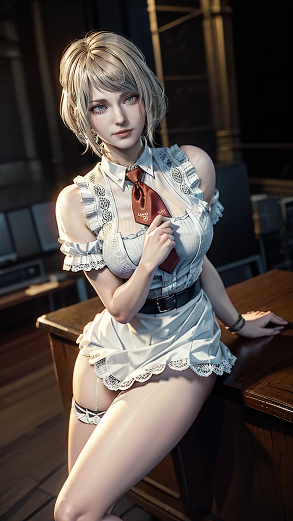(masterpiece), (1 beautiful dutch woman),Ella Freya from the Netherlands,(NieR:Automata),(2B), (Gothic Lolita),maid dress,(highest quality), (8K resolution), Blonde Hair,Short Bob Hair,Slender figure,Small breasts,Cleavage,(White panties),Sexy pose