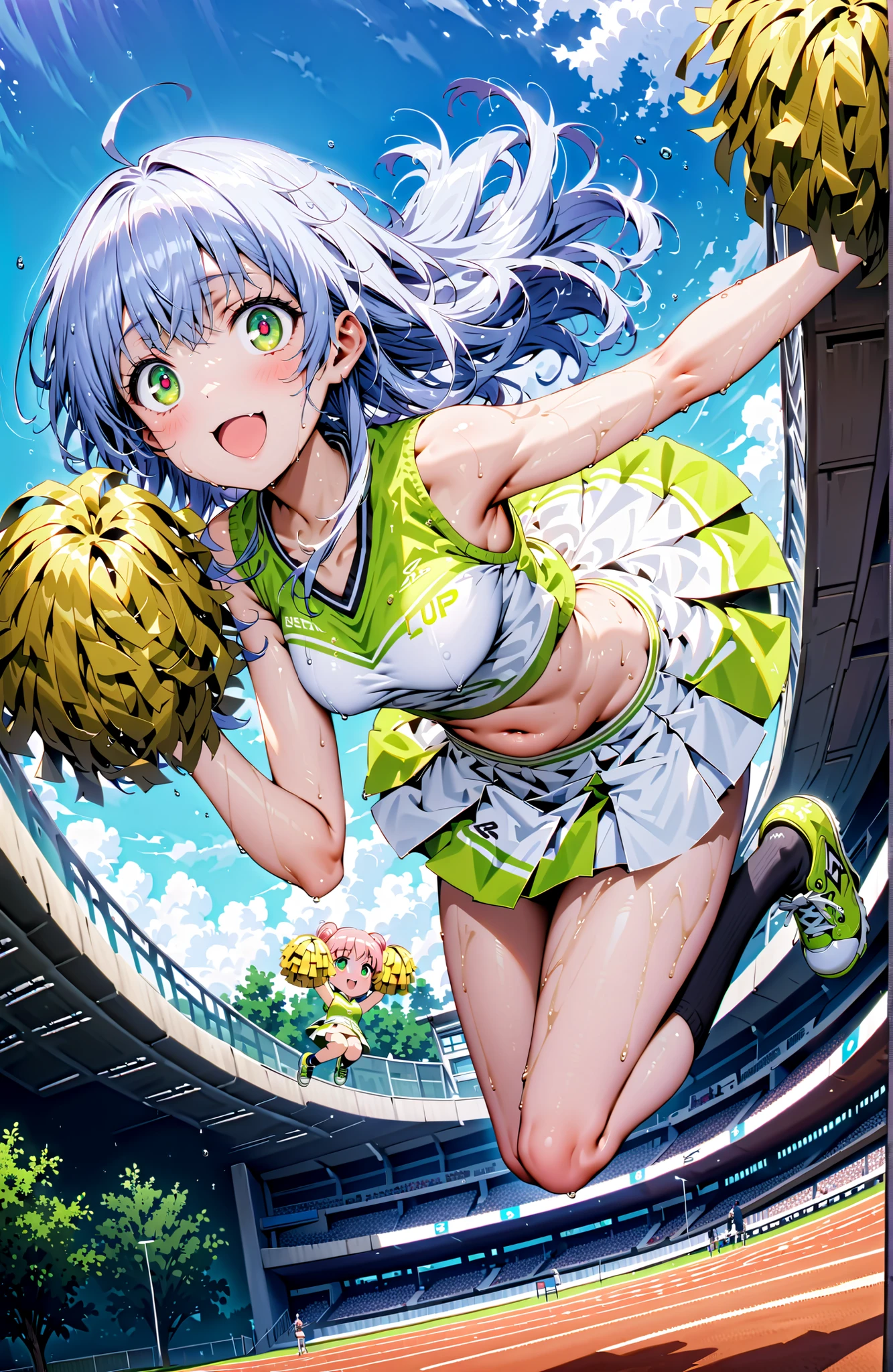 score_9, score_8_up, score_7_up, source_anime,Prohibited bibliography, green eyes, blue hair, long hair,smile,cover,open your mouth, (Cheerleading), (full body), on chest, (I sweated), I sweated Wet Clothes, (white clothes),sleeveless, pleated skirt,black socks,sneakers with a ladyback letter,belly button stick, playground, (jump), (jump), 片足を曲げてjumpする, , blue sky, Compa, smile,cheerleader, Pom-pom \(Cheerleading\) real hair ornaments,angles from below,Customer,full bodyがillustrationsに入るように,break outdoors,stadium,
break looking at viewer,full body,
break (masterpiece:1.2), Best Quality, high resolution, Unity 8k 壁紙, (illustrations:0.8), (beautiful detailed eyes:1.6), very detailed face, perfect lighting on the table, Extremely Detailed CG, (perfect hand, perfect anatomy),
