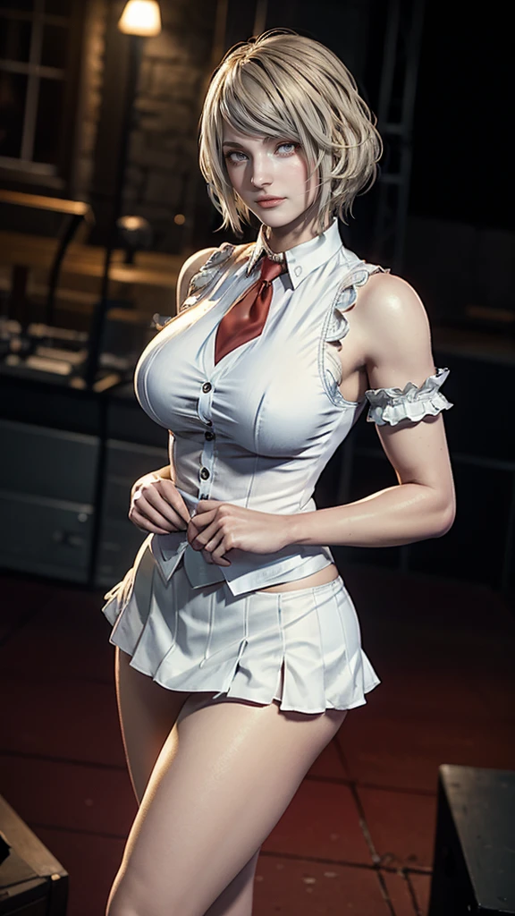 highest quality、8k、realistic、1 girl、23 years old、full body portrait、Landscape、（blonde ponytail:1.4）、（embarrassing）、(black and white theme:1.2), (white collared shirt:1.5), ((belly button):1.4), (Breast knot:1.4), ((unbuttoned collar, short sleeve):1.2), ((clavicle, cleavage):1.3),(big breasts)、 (Black Low-Rise Pencil Skirt:1.3、panty shot:1.5), (garter belt, stockings:1.2), beautiful thighs、beautiful butt