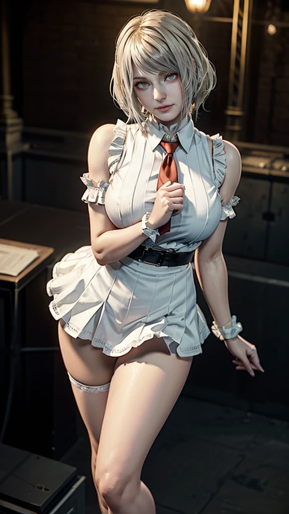 ultra realistic 8k cg, picture-perfect face, flawless, clean, masterpiece, professional artwork, famous artwork, perfect face, beautiful face, beautiful eyes, ((perfect female body)), solo,(immersive atmosphere, chiaroscuro:1.5,bright light:1.2,luminous lighting)
,,(blush:0.5),seductive expression,extremely detailed_eyes,short white hair,thick thighs,enormous breasts, deep cleavage,beautifully detailed background,depth of field,realistic:1.3, long shot,1girl,tight shirt,pleated short skirt, , sitting, full body,
(ambient light:1.3),(cinematic composition:1.3),(neon lights:0.1),(HDR:0.1),Accent Lighting, white thigh-high stockings,