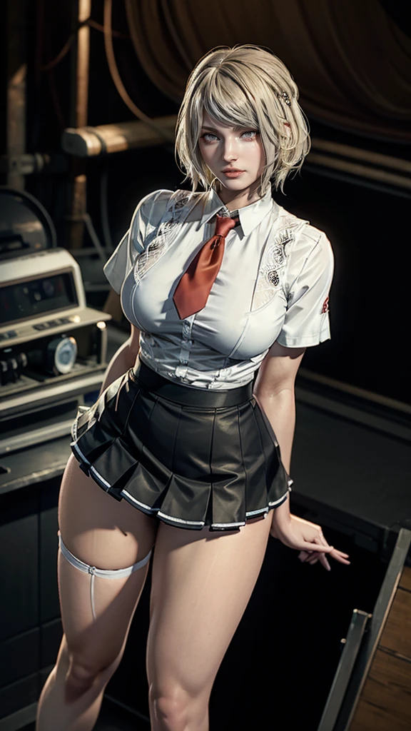 realistic, High resolution, soft light,1 female, alone, hip up, glowing skin, (detailed face),tattoo, jewelry, Secretarial Uniform, white shirt, black skirt, black stockings, garter belt, night, blonde hair, wavy hair, Beautiful Soldier, Eyes that invite the viewer, lover's perspective, an inviting look, sexy smile, perfect style, perfect balance, fine skin, naughty look, I can see your chest