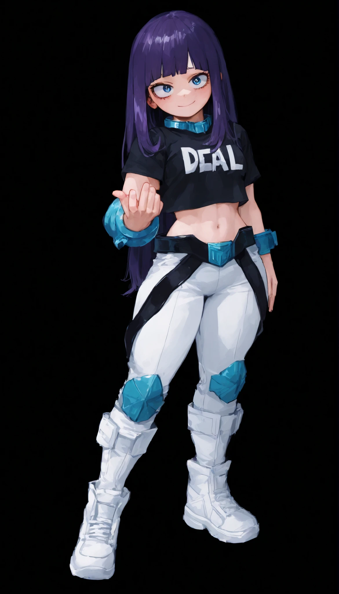 My Hero Academia style, anime girl t-shirt, Women, trend in artstation pixiv, (Full Body Photo:0.5), wide hips, wide thighs, Medium Breasted , Long Hair, leprechaun bangs, dark purple hair, blue eyes, hero costume, full body outfit, black outfit with white pants and bare belly button, bare belly outfit, cheerful look, presumed, looking at the spectator, perfect hands, perfect anatomy, Súper detallado,