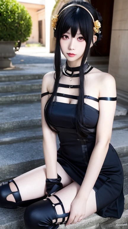 photorealistic, high resolution, 1women, solo, hips up, look at viewer, (detailed face), ahoge, architecture, bangs, bare shoulders, bell, black gloves, black pantyhose, (blue hair), blush, breasts, chinese knot, detached sleeves, east asian architecture, flower knot, gloves, horns, long hair
