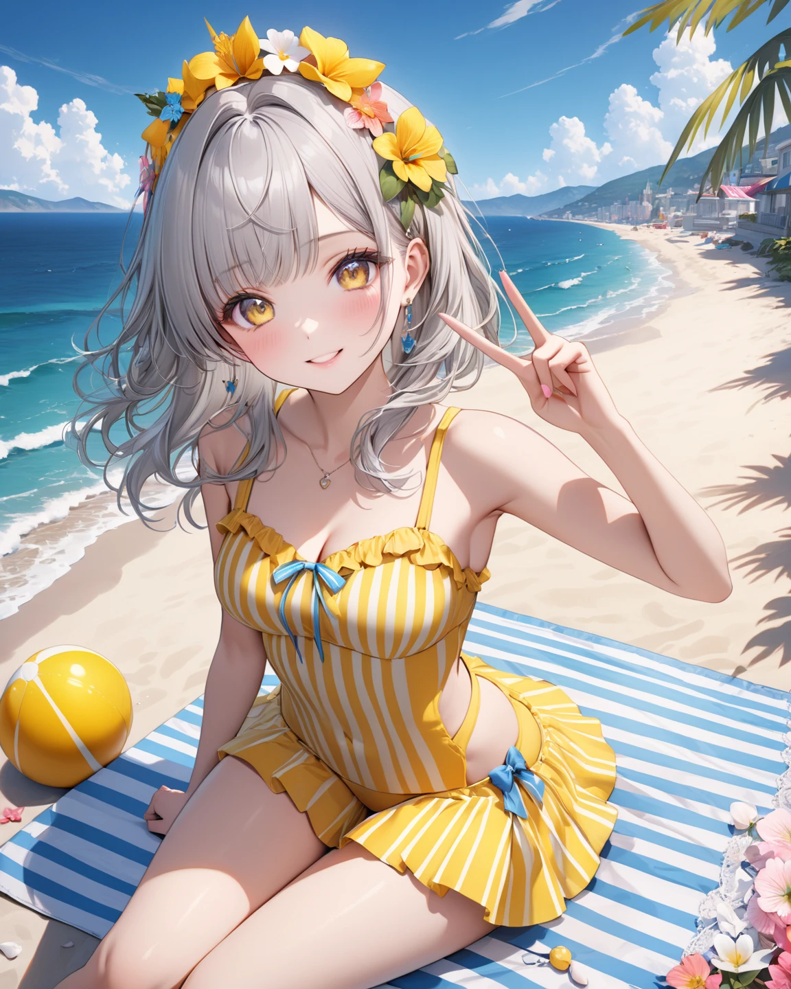 (Masterpiece), (best quality, close-up of 1 cute girl, (happy smiling face), (sitting on the summer beach), (looking back to the viewer), close-up,upper body, (big yellow crystal eyes), (long silver shining waved waved hair), wearing bikini, putting a large straw hat, (reasonable design, Clear lines, High sharpness,Best quality, Very detailed, Masterpiece, movie light effect, 8K ), summer air, (3D), colorful, sparkle and brilliant sun light ray dropping, twinkle, happy,