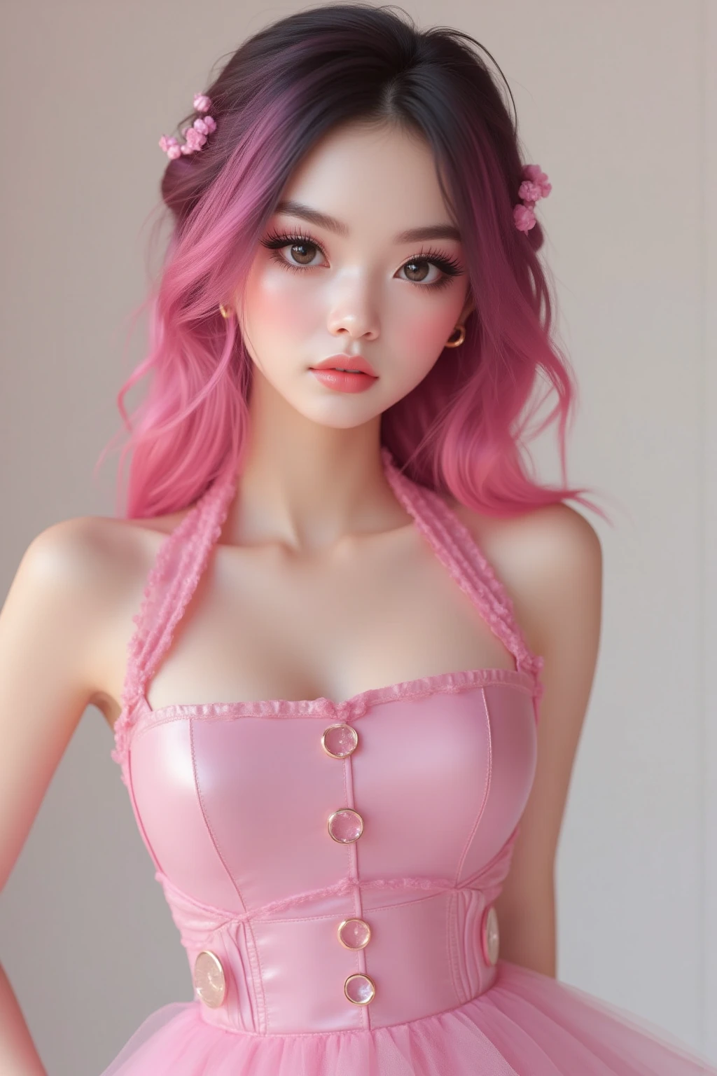 1 girl (30yo) , upper body, slim waist, small breast, sexy pose, naugthy face, bangs, random hairstyle, cleavage,, , seductive smile, wear pink dress, gray background,full body shot