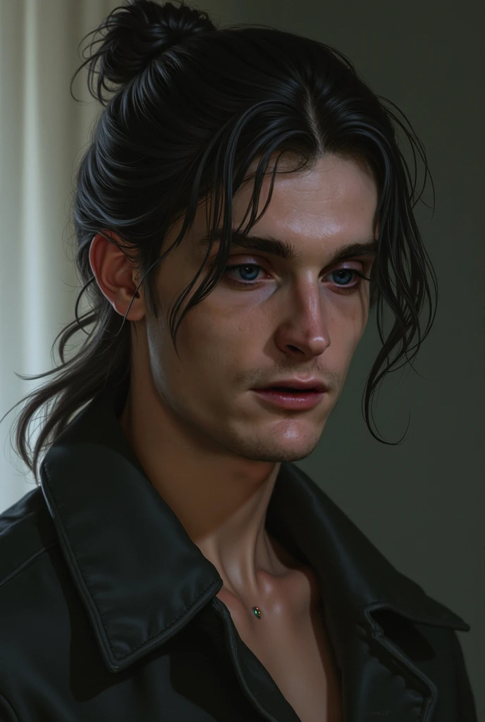 A mute man, frozen in panic and despair, caught in the stark realism of a 4K image. His expression was etched on his face, unspoken words echoing in the stillness. His eyes, wide and empty, pleaded for understanding. His clothes were tattered and torn, reflecting the desperation of his situation. The background was industrial and cold, the grey concrete walls interspersed with rusted metal pipes and dimly glowing fluorescent lights. Every detail was rendered intricately, from the frayed edges of his torn sleeves to the long, unkempt hair covering his ears. The image was richly textured and highly detailed, as if inviting the