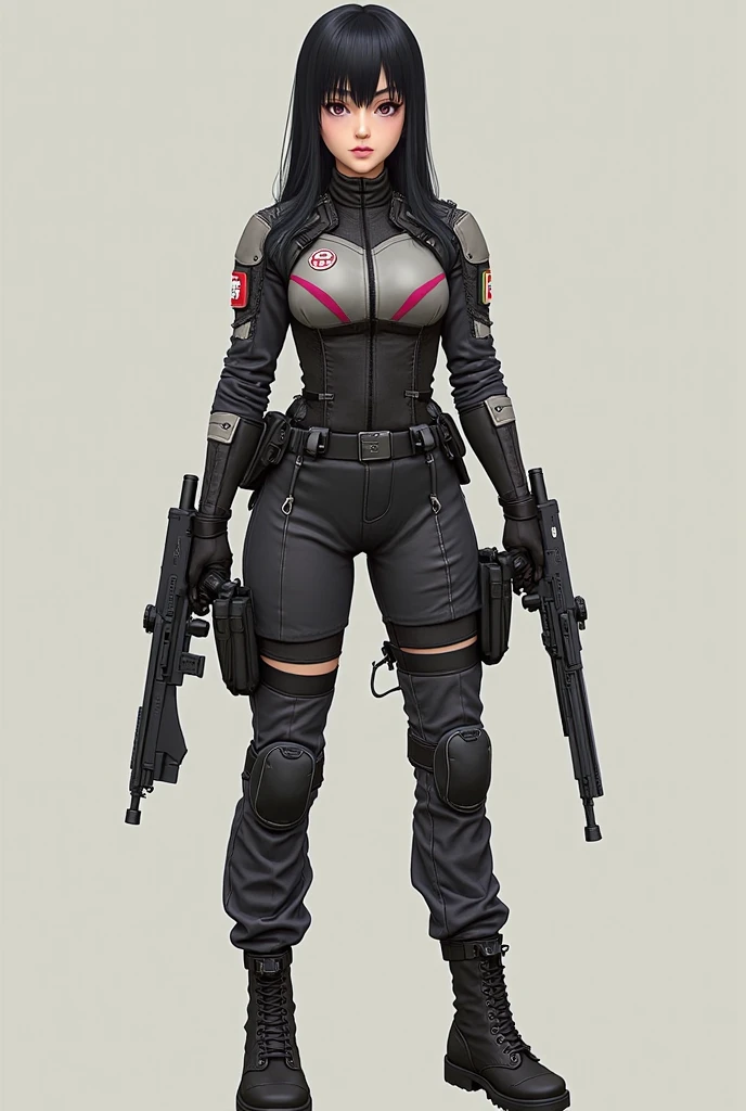 Grey, pink, white, purple, (long white hair woman), (full body shot), tattoos, muscular, big breasts, cleavage, sexy, erotic, (tactical techwear clothes:1.1), (tactical boots:1.1), abstract lines and circles background