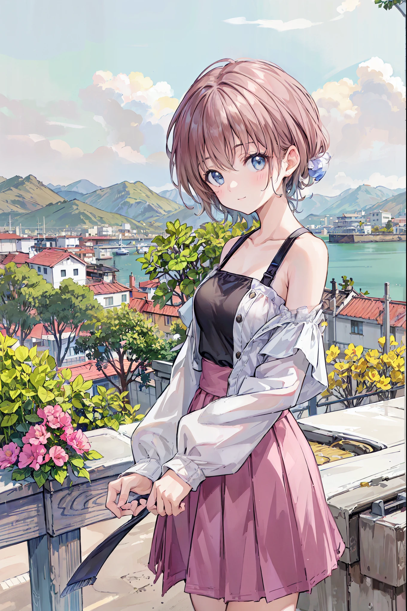 ((masterpiece)), (anime:1.5), ((Best Quality)), (RAW photo:1.2), (high resolution:1.3), (professional photo:1.2), ( color difference), one girl, (()), (Serious), (beautiful brown eyes:1.3), viewer, Plain Shirt, O-ring, disheveled hair, medium hair, (Put your hands in your pants), ((Take off your work pants)), 明るいbrown hair, (small breasts), Cute waist, outdoor, ((Top of the big bell tower)),brown hair,shortcuts,Brown baby, short braided hair, Neat ,(( girly )),((Trendy clothes)),((flare skirt)),((black camisole)), slender beauty ,hole々 Positive Attitude ,small breasts,Beautiful Legs,Her charming gray-blue eyes shine like stars...,Vivid Colors,Beautiful Eyes,A delicate smile,textured skin,Best Qualityのものが最高, A Parody of a Gentle and Beautiful Woman ,anime風、