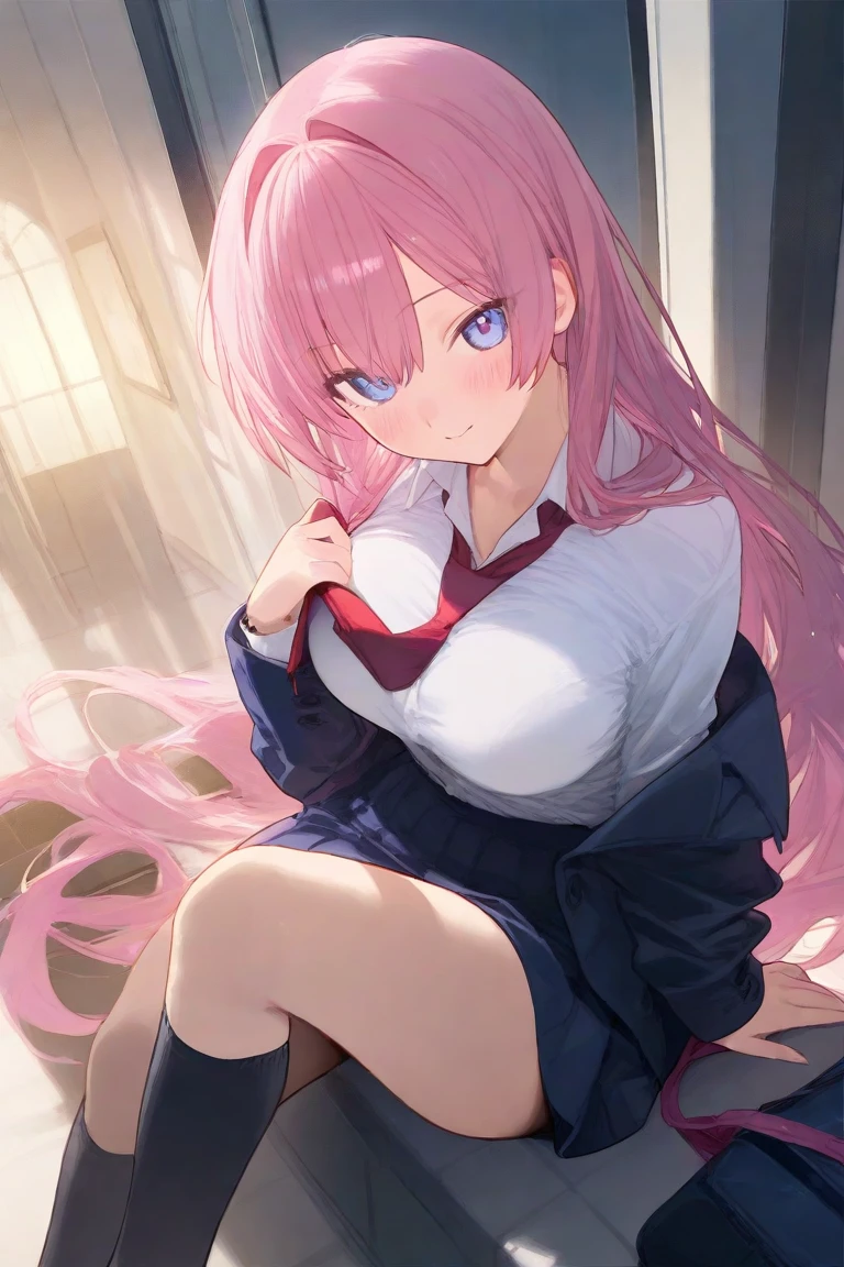 Masterpiece to the smallest detail、top-quality、1girl in、bangss、Red-haired、proximity、closed_mouth、The Perfect Five Fingers, a smile、red blush、full of shyness、blue headwear、Hats、the bow、pink bowtie、校服、 Blue jacket、jaket、skirt by the、grey skirt、1girl in、独奏、The shirt、white shirt、an legs、Black socks、sitting on、Classroom、hair_ornament、looking_at_viewer、beatiful detailed eyes、Akame、panties on、lift up one's skirt、Professional effects、Spread legs、(((I can see panties.)))、