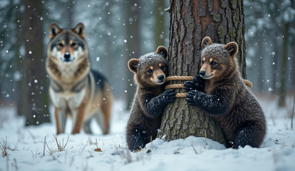A dramatic wildlife scene in a snowy forest during winter. Two adorable bear cubs are tied around a large tree trunk with thick rope, looking worried. In the background, a lone grey wolf stands alert and focused, partially obscured by falling snow. The atmosphere is tense and cinematic, with snowflakes gently falling and tall pine trees fading into the mist.